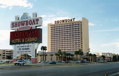 The property during its 2000 renaming, with new Castaways signage and old Showboat signs visible at the same time