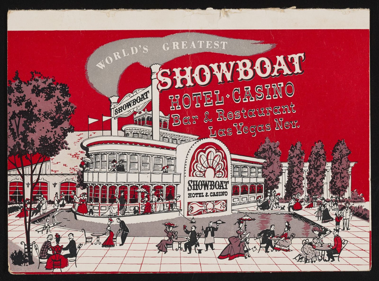 A 1950s Showboat menu cover lithographed in red, grey and white: the riverboat facade with its sunburst-arch sign, Victorian figures dining on a tiled terrace, and lettering reading World's Greatest Showboat Hotel Casino Bar and Restaurant, Las Vegas Nev.