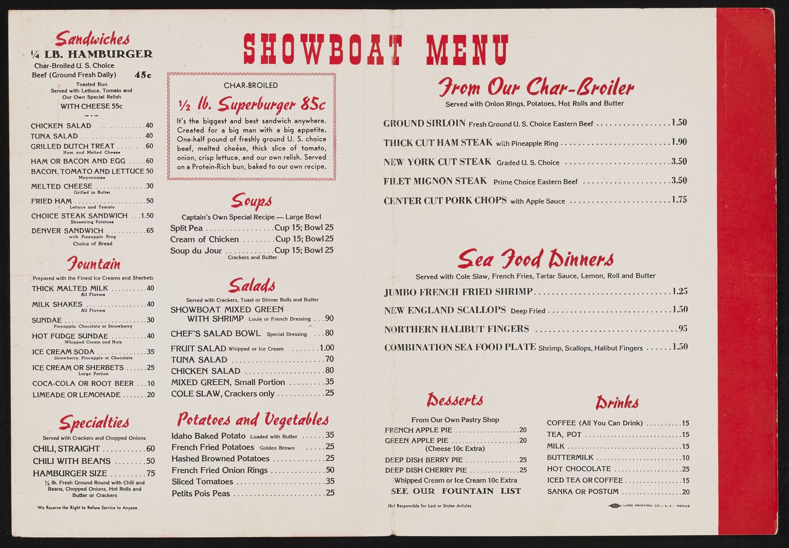 The inside spread of a 1950s Showboat menu: quarter-pound hamburger 45 cents, half-pound Superburger 85 cents, steaks and seafood dinners under two columns of red and black type headed Showboat Menu